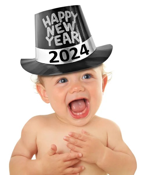 Dziesięciomiesięczny Chłopiec Płaczący Szczęśliwym Noworocznym Cylindrze 2024 Zdjęcia Stockowe bez tantiem