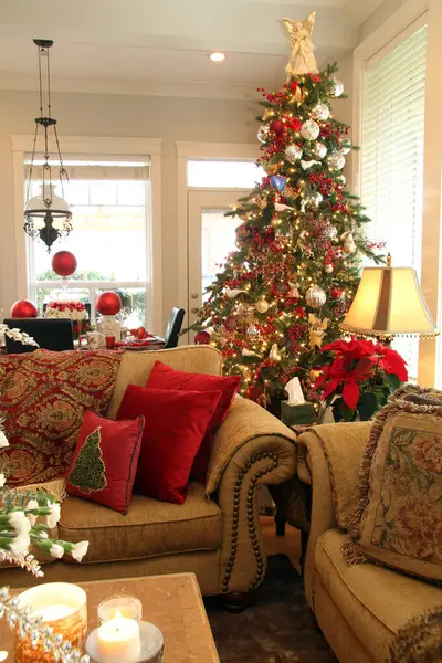 Затишна Різдвяна Вітальня Красиво Розкішний Декорований Інтер Стокова Картинка