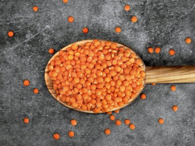 Gri arka planda tahta kaşıkta kırmızı mercimek, yüksek proteinli sağlıklı vegan besin konsepti.