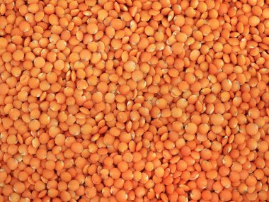 Kırmızı mercimek dokusunun üst görüntüsü, yüksek proteinli sağlıklı vegan gıdaların arka planı.