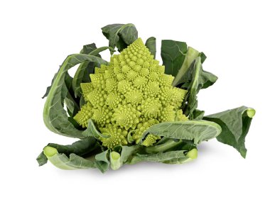 Romanesco broccoli or Roman cauliflower with leafs isolated on white background.