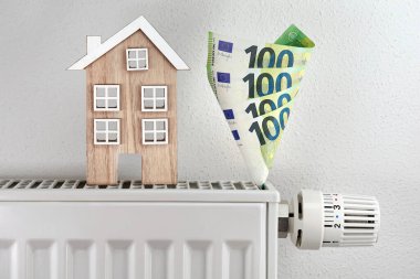 Radyatörde termostatlı 100 avroluk banknotların yanındaki ahşap model ev, ısıtma maliyetlerinin artmasının sembolü olan avro parasını yiyor.