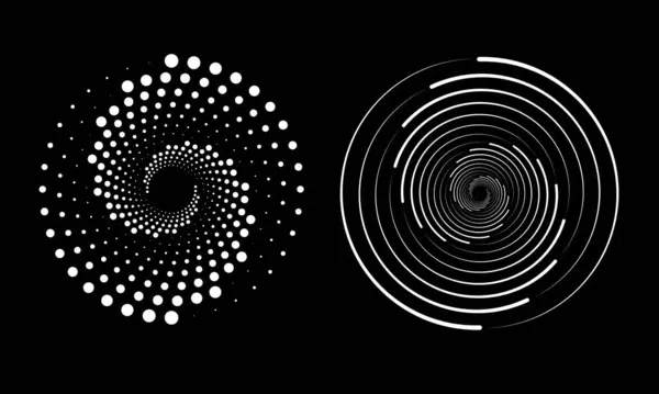 Siyah zemin üzerinde soyut siyah ve beyaz vektör spiralleri ve geometrik desenler bir hareket ve dinamik hissi yaratır.