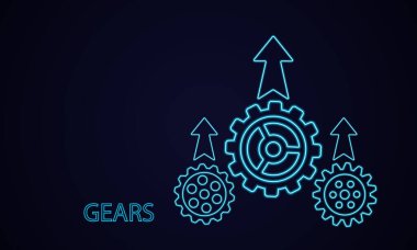 Okları olan neon dişli ikonu. Mobil uygulamalar için. Parlak mekanik dişliler iş akışı konsepti. Mühendislik, mekanik ve süreç konuları için ideal