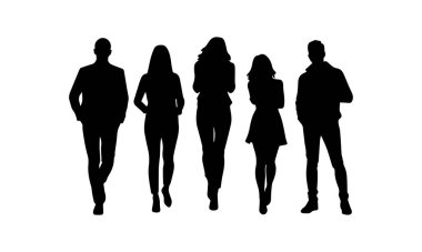 İnsan siluetleri, bir grup iş adamı erkek ve kadın, beyaz arka planda bir vektör kümesi.
