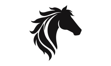 At logosu şablonu. Zarif yeleli bir at kafasının siyah beyaz silueti. Markalaşma, tasarım ve baskı için zarif minimalist logo