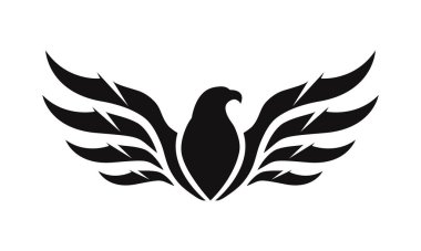 Kartal logo şablonu. Kanatları açık siyah beyaz bir kartal silueti. Simetrik ve şık logo, damgalama ve amblemler için mükemmel.