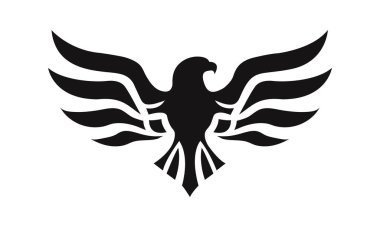 Kartal logo şablonu. Kanatları açık siyah beyaz bir kartal silueti. Simetrik ve şık logo, damgalama ve amblemler için mükemmel.