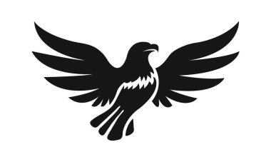 Kartal logo şablonu. Kanatları açık siyah beyaz bir kartal silueti. Simetrik ve şık logo, damgalama ve amblemler için mükemmel.