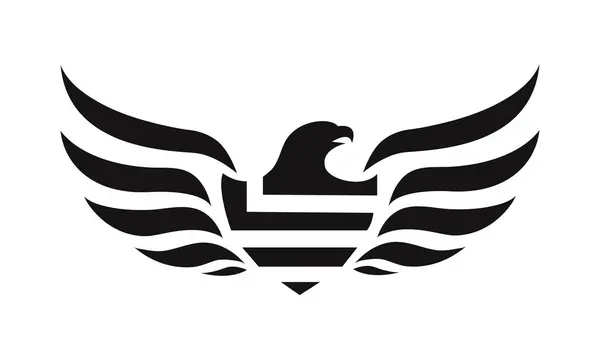 Kartal logo şablonu. Kanatları açık siyah beyaz bir kartal silueti. Simetrik ve şık logo, damgalama ve amblemler için mükemmel.