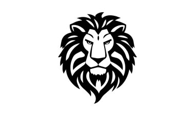 Aslan logosu şablonu. Detaylı yeleli bir aslan kafasının siyah beyaz silueti. Simetrik logo gücü, liderliği ve gücü simgeliyor.