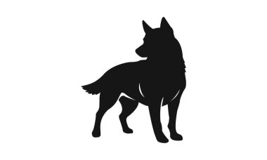 Köpek logosu şablonu. Siyah beyaz bir köpek silueti. Sadakatin, gücün ve korumanın sembolü.