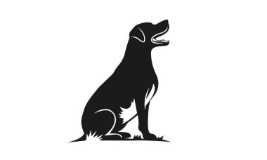 Köpek logosu şablonu. Siyah beyaz bir köpek silueti. Sadakatin, gücün ve korumanın sembolü.