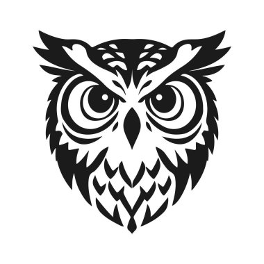 Baykuş logosu. Ayrıntılı şablon, katı bakış, bilgeliğin sembolü, zeka, koruma, markalaşma ve tasarım için uygun. Baykuş logosu, kabile baykuşu, taşıyıcı baykuş, baykuş amblemi