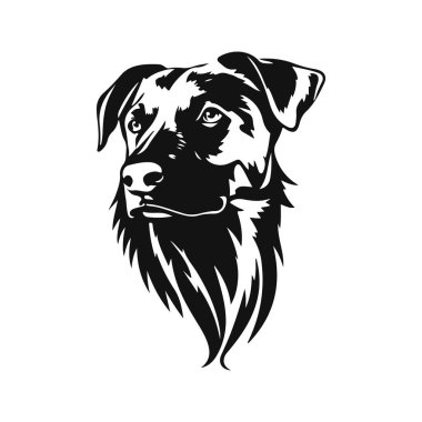 Köpek logosu gerçekçi bir şekilde. Anlamlı bakışlı bir köpeğin detaylı görüntüsü. Markalaşma, logo ve tasarım için uygun. Köpek logosu, hayvan amblemi, köpek resmi, köpek portresi, bekçi köpeği.