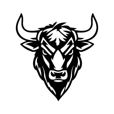 Güçlü boynuzları olan bir boğa logosu. Agresif ve dinamik stil gücü, cesareti ve metaneti simgeliyor. Boğa logosu, hayvan kafası, boynuzlu hayvan, güçlü bir sembol.