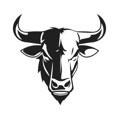 Güçlü boynuzları olan bir boğa logosu. Hayvan simgesi şablonu. Agresif ve dinamik stil gücü, cesareti ve metaneti simgeliyor. Hayvan kafası, boynuzlu hayvan, güçlü bir sembol.