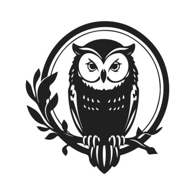 Baykuş logosu. Kuş simgesi şablonu. Ayrıntılı şablon, katı bakış, bilgeliğin sembolü, zeka, koruma, markalaşma ve tasarım için uygun. Kabile baykuşu, vektör baykuş, baykuş amblemi