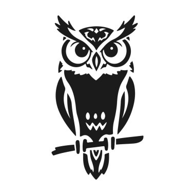 Baykuş logosu. Kuş simgesi şablonu. Ayrıntılı şablon, katı bakış, bilgeliğin sembolü, zeka, koruma, markalaşma ve tasarım için uygun. Kabile baykuşu, vektör baykuş, baykuş amblemi