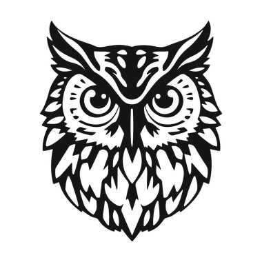 Baykuş logosu. Kuş simgesi şablonu. Ayrıntılı şablon, katı bakış, bilgeliğin sembolü, zeka, koruma, markalaşma ve tasarım için uygun. Kabile baykuşu, vektör baykuş, baykuş amblemi