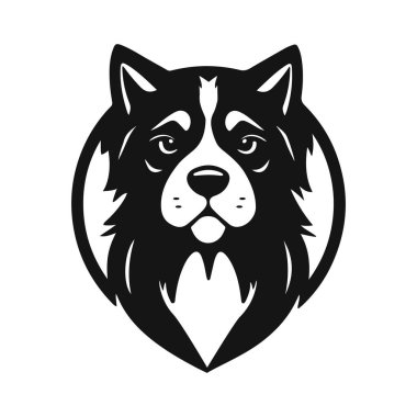 Köpek logosu gerçekçi bir şekilde. Anlamlı görünüşlü bir köpeğin detaylı görüntüsü, vektör çizimi, köpek logosu, hayvan amblemi, köpek çizimi, köpek portresi, bekçi köpeği.