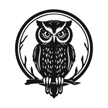 Baykuş logosu. Kuş simgesi şablonu. Ayrıntılı şablon, katı bakış, bilgeliğin sembolü, zeka, koruma, markalaşma ve tasarım için uygun. Kabile baykuşu, vektör baykuş, baykuş amblemi