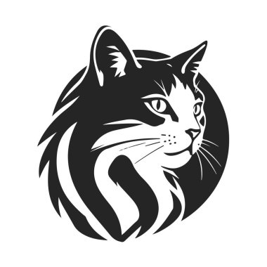 Cesur bir kedi logosu. Kedi kafası, kedi amblemi, hayvan simgesi, hayvan silueti, evcil kedi