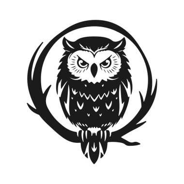 Keskin bakışlı baykuş logosu, temiz çizgiler, bilgelik ve gücün sembolü. Baykuş, baykuş amblemi, gece kuşu, kabile baykuşu.