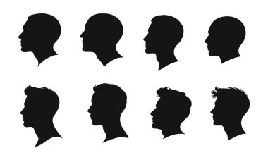 Erkek baş silueti, farklı saç stilleri olan erkeklerin profil simgeleri, vektör siyah illüstrasyon, erkek profili, baş silueti, insan kafası, insan kafası