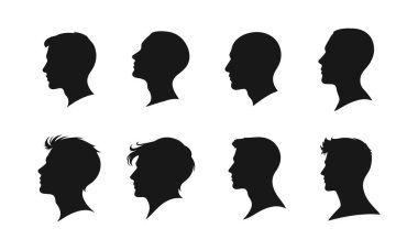 Erkek baş silueti, farklı saç stilleri olan erkeklerin profil simgeleri, vektör siyah illüstrasyon, erkek profili, baş silueti, insan kafası, insan kafası