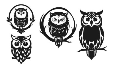 Baykuş logosu. Ayrıntılı çizim, katı görünüm, bilgeliğin sembolü, zeka, koruma, markalaşma ve tasarım için uygun. Baykuş logosu, kabile baykuşu, taşıyıcı baykuş, baykuş amblemi