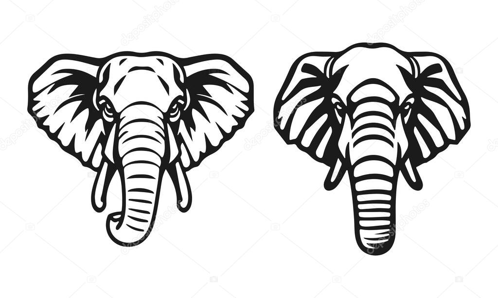Set of elephant head, wild animal graphic symbol, vector isolated black and white illustration
