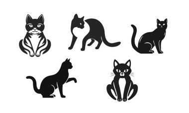 Çeşitli pozlarda siyah kedi siluetleri, kedi siluetleri, siyah kedi simgeleri, kedi tasarımı, hayvan şekilleri.