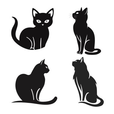 Çeşitli pozlarda siyah kedi siluetleri, kedi siluetleri, siyah kedi simgeleri, kedi tasarımı, hayvan şekilleri.