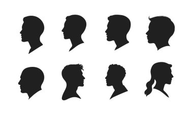 Erkek baş silueti, farklı saç stilleri olan erkeklerin profil simgeleri, vektör siyah illüstrasyon, erkek profili, baş silueti, insan kafası, insan kafası