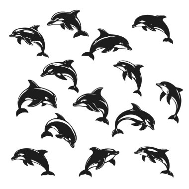 Yunus siluetleri, deniz tasarımı ve dekorasyonu için vektör zıplayan yunus simgeleri, deniz hayvanı, deniz yaşamı, okyanus memelisi