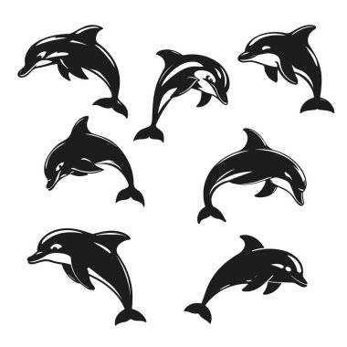 Yunus siluetleri, deniz tasarımı ve dekorasyonu için vektör zıplayan yunus simgeleri, deniz hayvanı, deniz yaşamı, okyanus memelisi