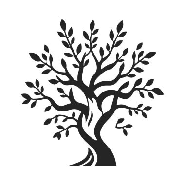 Eğimli gövdesi ve yaprakları olan biçimlendirilmiş ağaç silueti, eko tasarım için doğa amblemi, ya da logo konsepti, ağaç vektörü silueti, doğa sembolü, eko logo, orman amblemi.