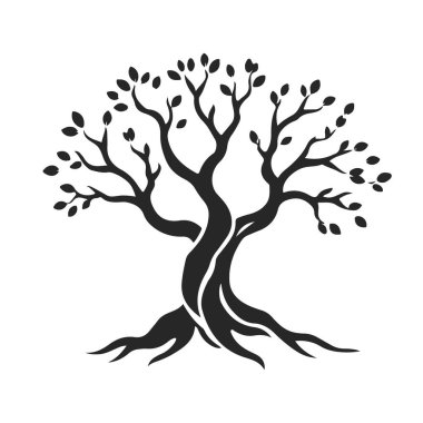 Eğimli gövdesi ve yaprakları olan biçimlendirilmiş ağaç silueti, eko tasarım için doğa amblemi, ya da logo konsepti, ağaç vektörü silueti, doğa sembolü, eko logo, orman amblemi.
