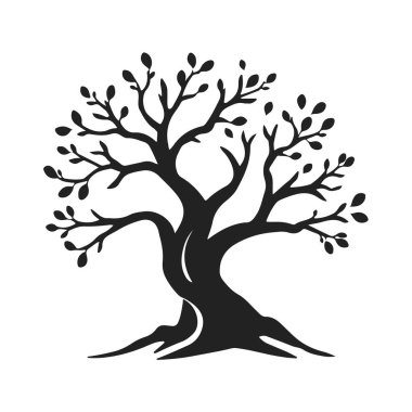Eğimli gövdesi ve yaprakları olan biçimlendirilmiş ağaç silueti, eko tasarım için doğa amblemi, ya da logo konsepti, ağaç vektörü silueti, doğa sembolü, eko logo, orman amblemi.
