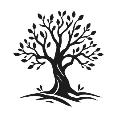Eğimli gövdesi ve yaprakları olan biçimlendirilmiş ağaç silueti, eko tasarım için doğa amblemi, ya da logo konsepti, ağaç vektörü silueti, doğa sembolü, eko logo, orman amblemi.