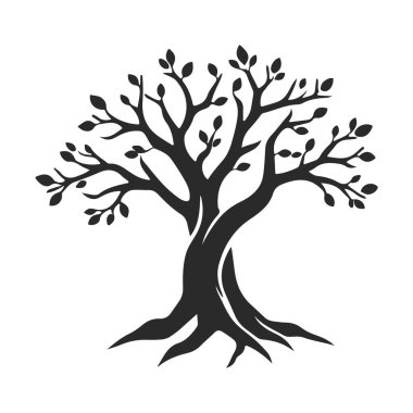 Eğimli gövdesi ve yaprakları olan biçimlendirilmiş ağaç silueti, eko tasarım için doğa amblemi, ya da logo konsepti, ağaç vektörü silueti, doğa sembolü, eko logo, orman amblemi.