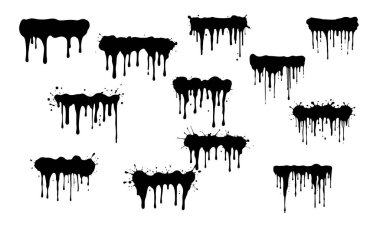Siyah boya damlaları, akan siyah sıvı, dökülen boya, mürekkep lekeleri, vektör çizimleri, yağ damlaları veya çikolata damlaları.