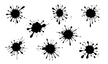 Bir çift leke, mürekkep sıçraması. Soyut leke, sıvı boya, leke lekesi, damlama, sprey. Siyah boya damlaları, yağ, mürekkep. Vektör sıvı siluetleri