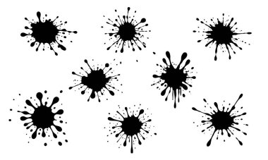 Bir çift leke, mürekkep sıçraması. Soyut leke, sıvı boya, leke lekesi, damlama, sprey. Siyah boya damlaları, yağ, mürekkep. Vektör sıvı siluetleri