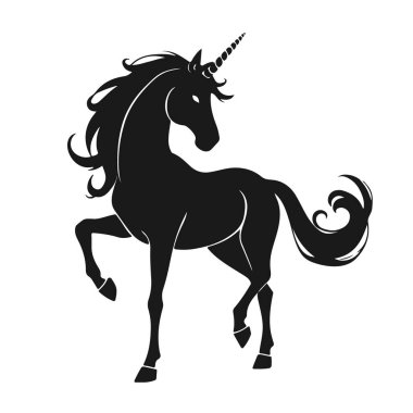 Şık tek boynuzlu at silueti, dalgalı yelesi ve kuyruğu, tek boynuzlu at silueti, fantezi atı