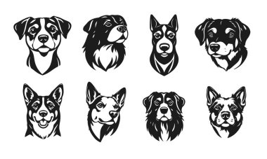 Köpek kafası görüntüleri, hayvan vektör çizimleri, sadık köpek cinslerinin yüzleri, siyah beyaz köpek tasarımı, köpek portresi.