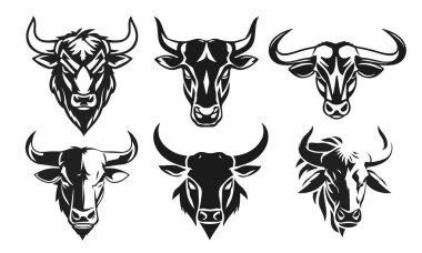 Boğa başlı logo seti, güçlü hayvan amblemi, kızgın boğa yüzü, boynuzlu canavar ikonu, vektör illüstrasyonu