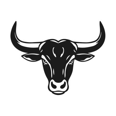 Boğa başlı logo, güçlü hayvan amblemi, kızgın boğa yüzü, boynuzlu canavar ikonu, vektör çizimi.