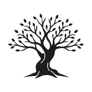 Eğimli gövdesi ve yaprakları olan biçimlendirilmiş ağaç silueti, eko tasarım için doğa amblemi, ya da logo konsepti, ağaç vektörü silueti, doğa sembolü, eko logo, orman amblemi.